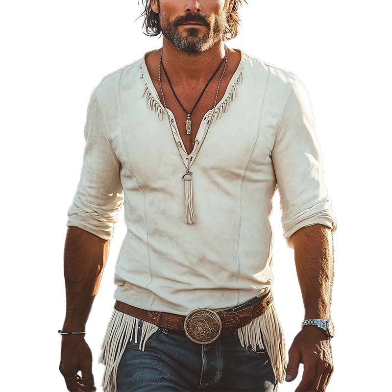 Men's Vintage Tassel Faux Suede V-Neck Long Sleeve T-Shirt MTA3153G6P sold by Manly