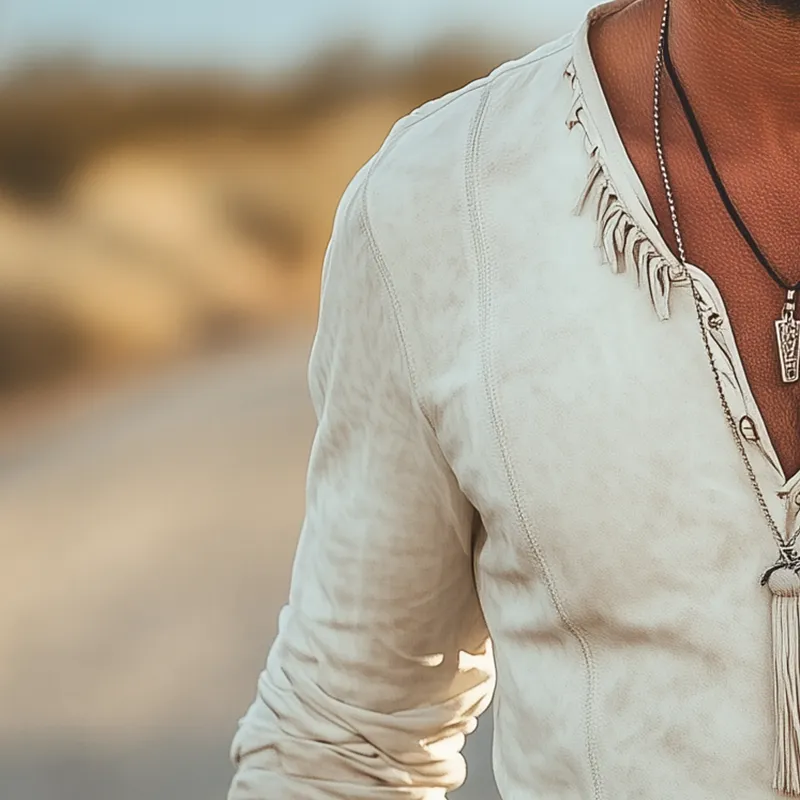 Men's Vintage Tassel Faux Suede V-Neck Long Sleeve T-Shirt MTA3153G6P sold by Manly product image thumbnail 3