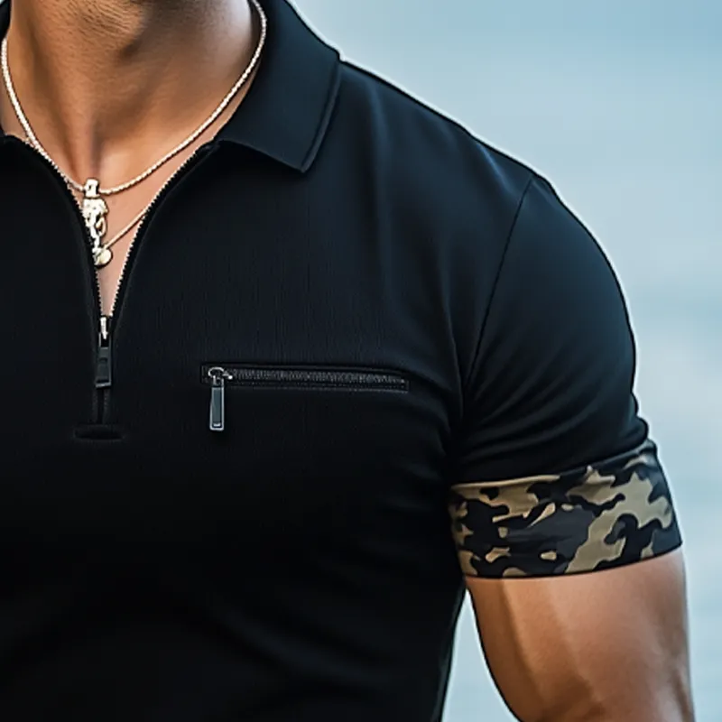 Men's Classic Cotton Camouflage Paneled Short Sleeve Zip-Up Polo Shirt MTA3136G2U sold by Manly product image thumbnail 3