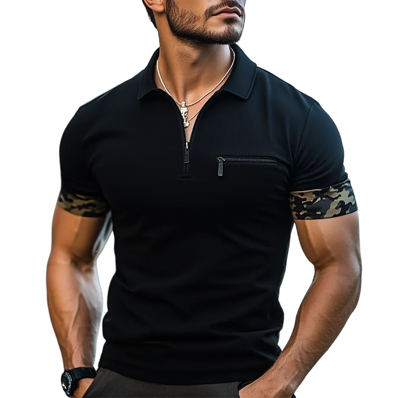 Men's Classic Cotton Camouflage Paneled Short Sleeve Zip-Up Polo Shirt MTA3136G2U sold by Manly