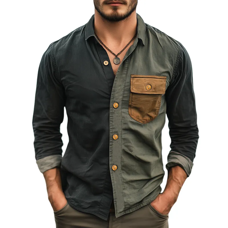 Men's Classic Button-Down Lapel Colorblock Long Sleeve Shirt MTA3166G1U sold by Manly