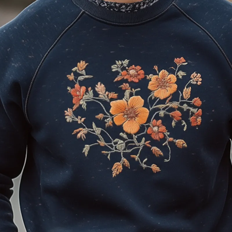 Men's Retro Casual Floral Embroidered Crew Neck Sweatshirt MTA2345G5TO sold by Manly product image thumbnail 3