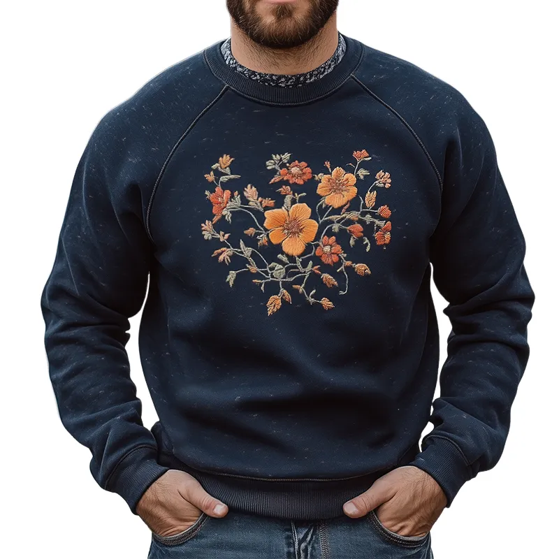 Men's Retro Casual Floral Embroidered Crew Neck Sweatshirt MTA2345G5TO sold by Manly