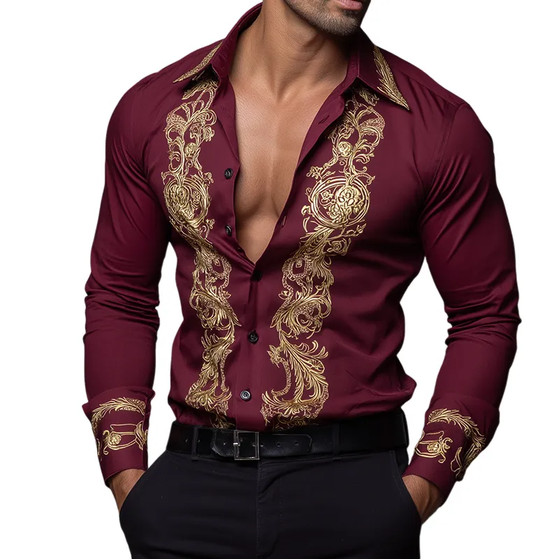 Men's Retro Casual Baroque Print Lapel Long Sleeve Shirt  MTA3068G9TO sold by Manly