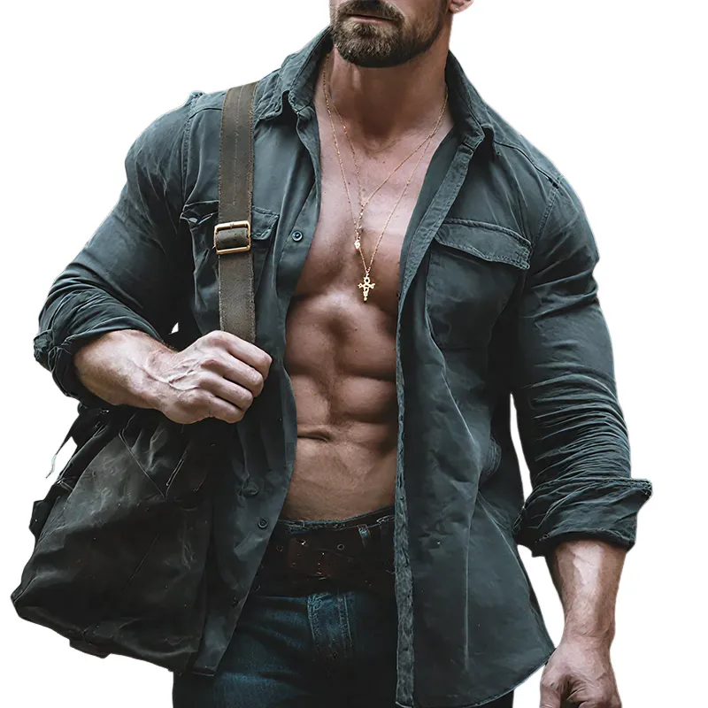 Men's Retro Casual Cotton Washed Distressed Lapel Tough Long Sleeve Shirt MTA3072G6TO sold by Manly