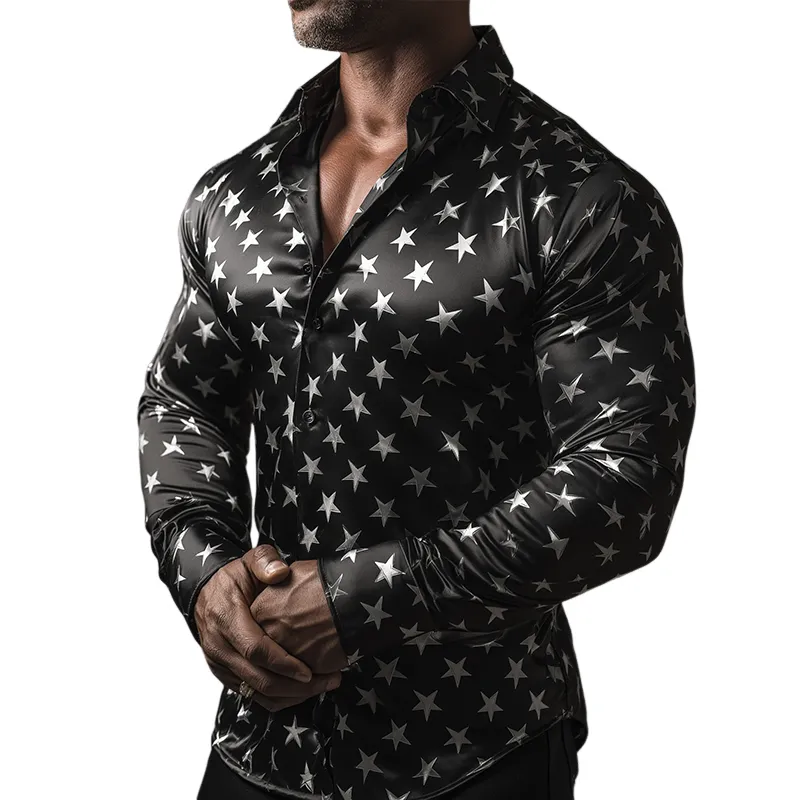 Men's Retro Casual Star Print Satin Lapel Long Sleeve Shirt MTA3045G2TO sold by Manly