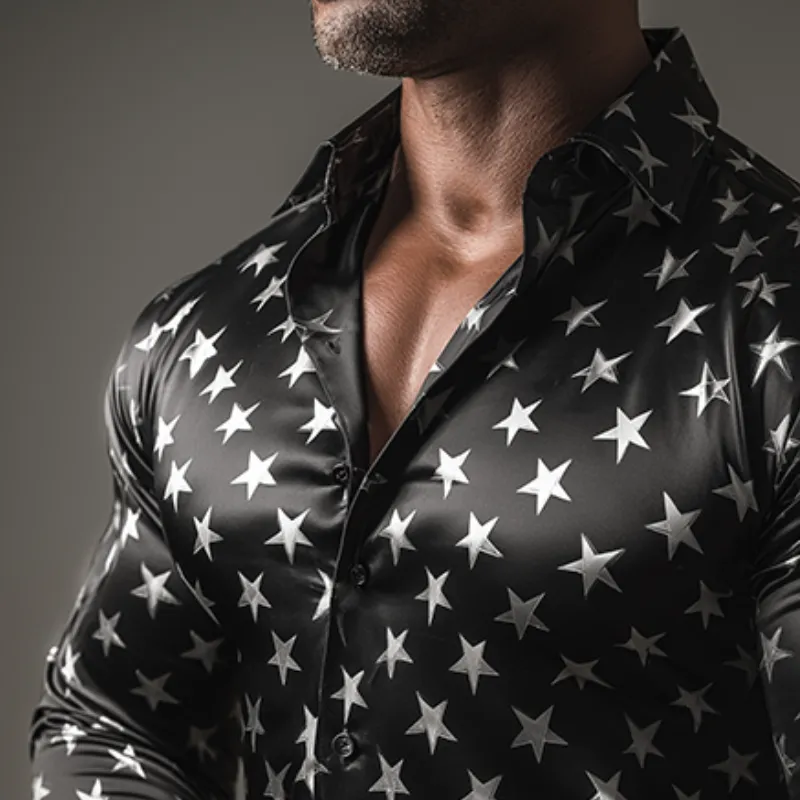 Men's Retro Casual Star Print Satin Lapel Long Sleeve Shirt MTA3045G2TO sold by Manly product image thumbnail 3