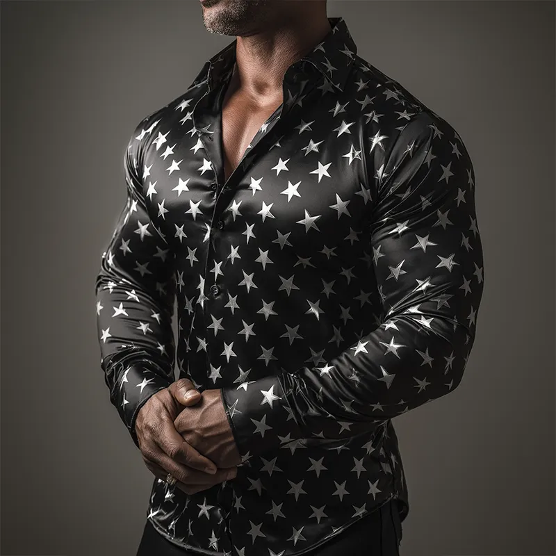 Men's Retro Casual Star Print Satin Lapel Long Sleeve Shirt MTA3045G2TO sold by Manly product image thumbnail 2