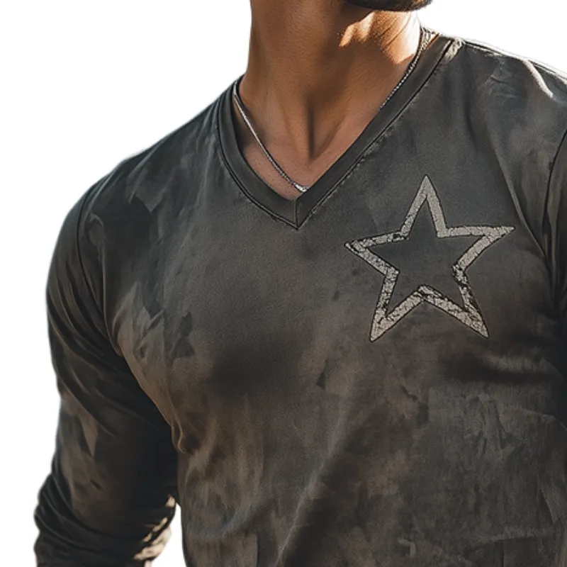 Men's Retro Casual Shabby Star Print Round Neck Long Sleeve T-shirt MTA3078G3TO sold by Manly product image thumbnail 3