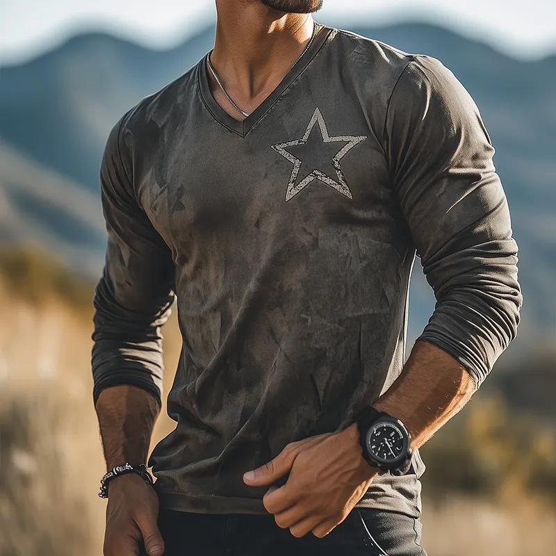 Men's Retro Casual Shabby Star Print Round Neck Long Sleeve T-shirt MTA3078G3TO sold by Manly product image thumbnail 2