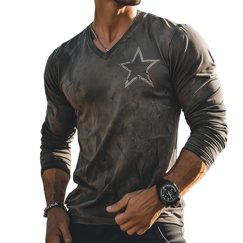 Men's Retro Casual Shabby Star Print Round Neck Long Sleeve T-shirt MTA3078G3TO sold by Manly