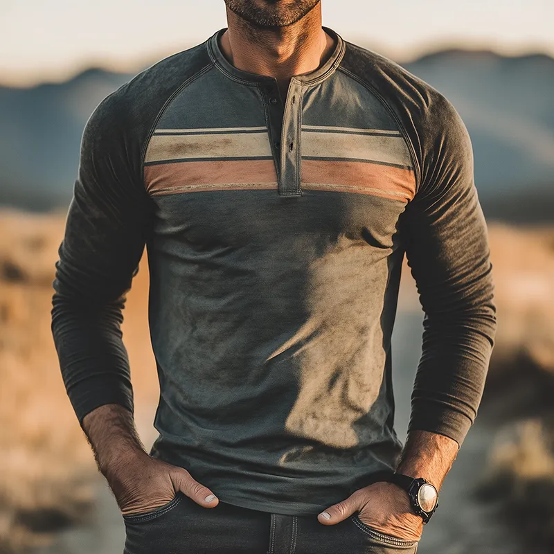 Men's Vintage Casual Distressed Striped Print Henley Neck Long Sleeve T-Shirt MTA3084G9TO sold by Manly product image thumbnail 2