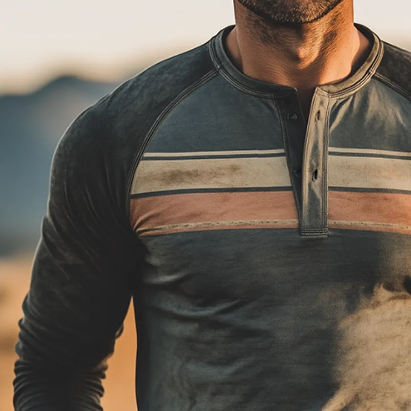 Men's Vintage Casual Distressed Striped Print Henley Neck Long Sleeve T-Shirt MTA3084G9TO sold by Manly product image thumbnail 3