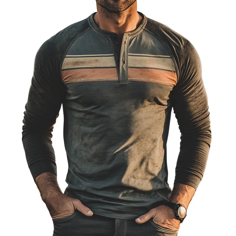 Men's Vintage Casual Distressed Striped Print Henley Neck Long Sleeve T-Shirt MTA3084G9TO sold by Manly