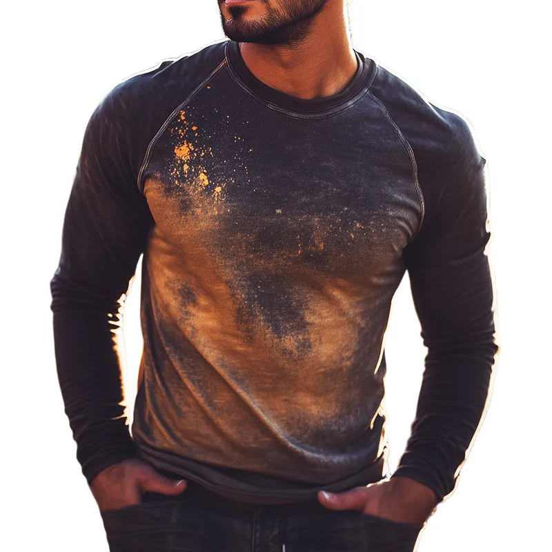 Men's Retro Casual Explosion Print Round Neck Long Sleeve T-shirt MTA3037G3TO sold by Manly