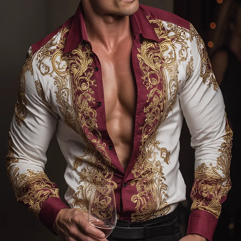 Men's Retro Casual Baroque Print Lapel Long Sleeve Shirt MTA3052G2TO sold by Manly product image thumbnail 2