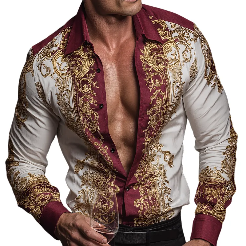 Men's Retro Casual Baroque Print Lapel Long Sleeve Shirt MTA3052G2TO sold by Manly