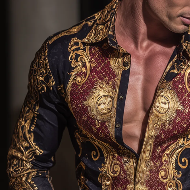 Men's Retro Casual Baroque Print Lapel Long Sleeve Shirt MTA3013G5TO sold by Manly product image thumbnail 3