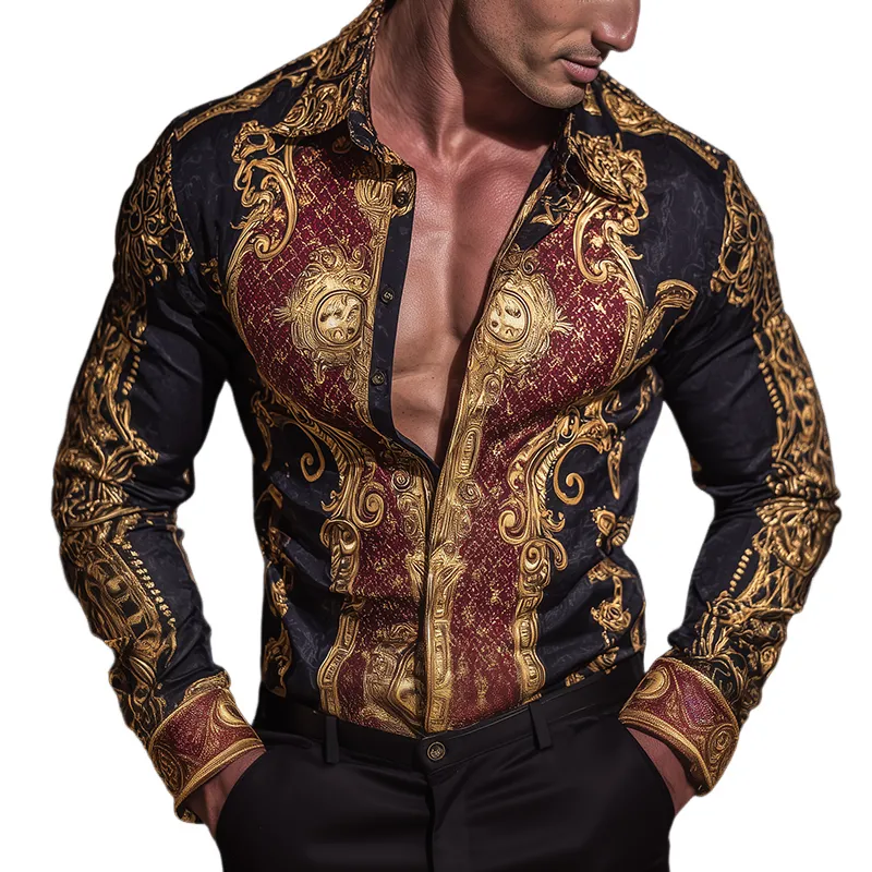 Men's Retro Casual Baroque Print Lapel Long Sleeve Shirt MTA3013G5TO sold by Manly