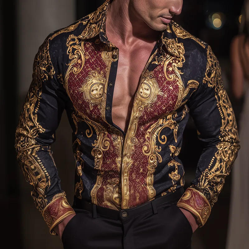 Men's Retro Casual Baroque Print Lapel Long Sleeve Shirt MTA3013G5TO sold by Manly product image thumbnail 2