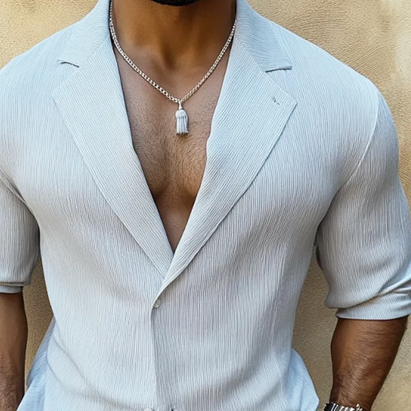 Men's Solid Color Striped Suit Collar Long Sleeve Shirt MTA3113G2X sold by Manly product image thumbnail 3