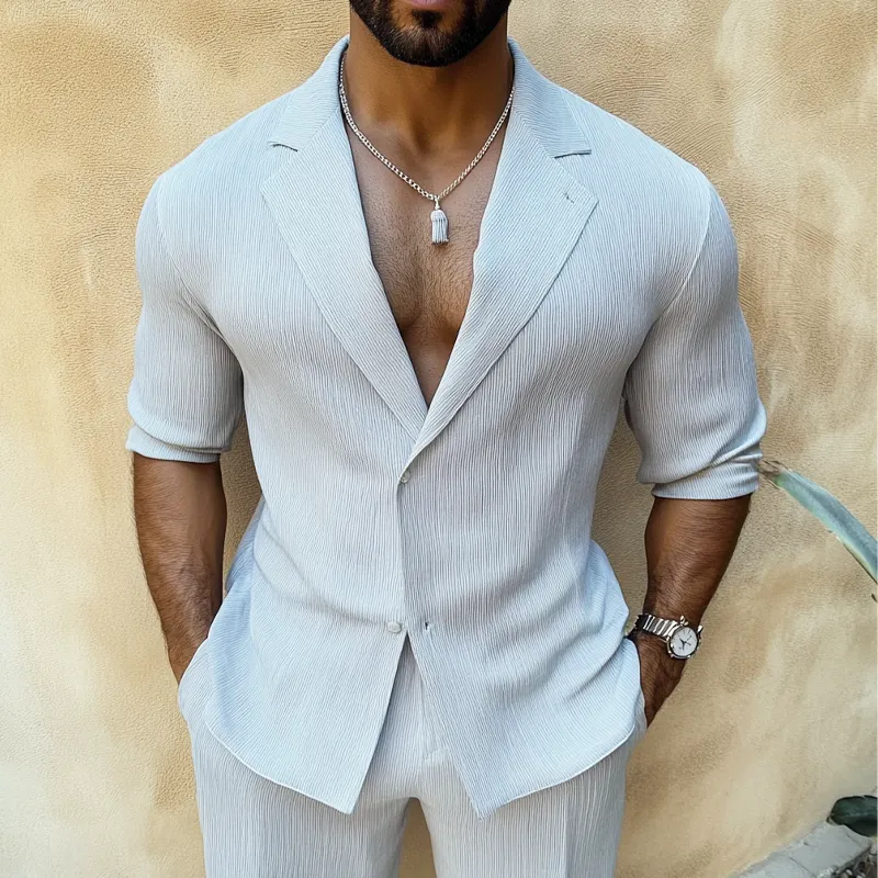 Men's Solid Color Striped Suit Collar Long Sleeve Shirt MTA3113G2X sold by Manly product image thumbnail 2