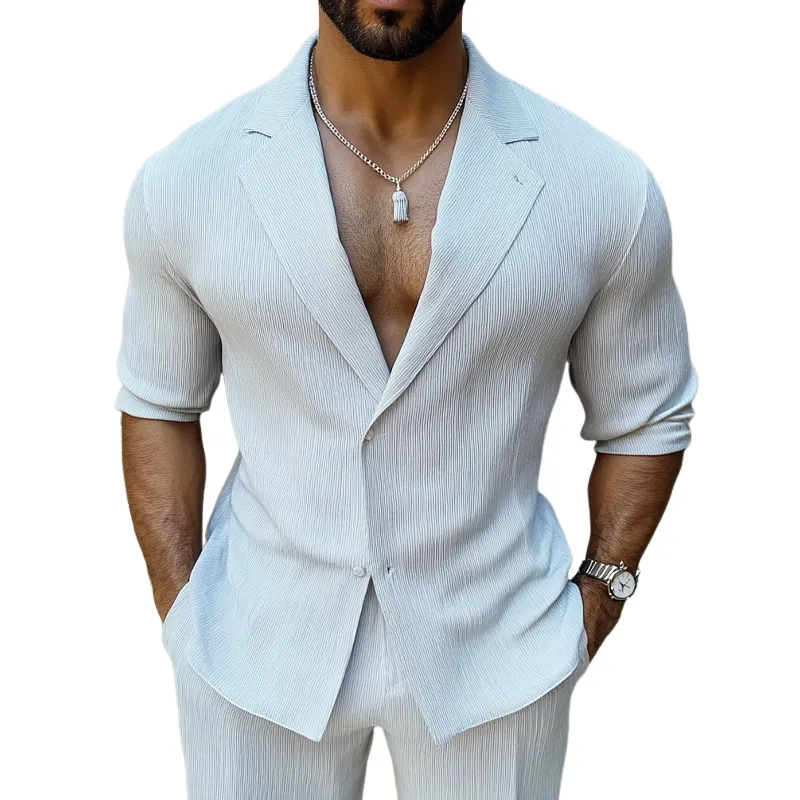 Men's Solid Color Striped Suit Collar Long Sleeve Shirt MTA3113G2X sold by Manly