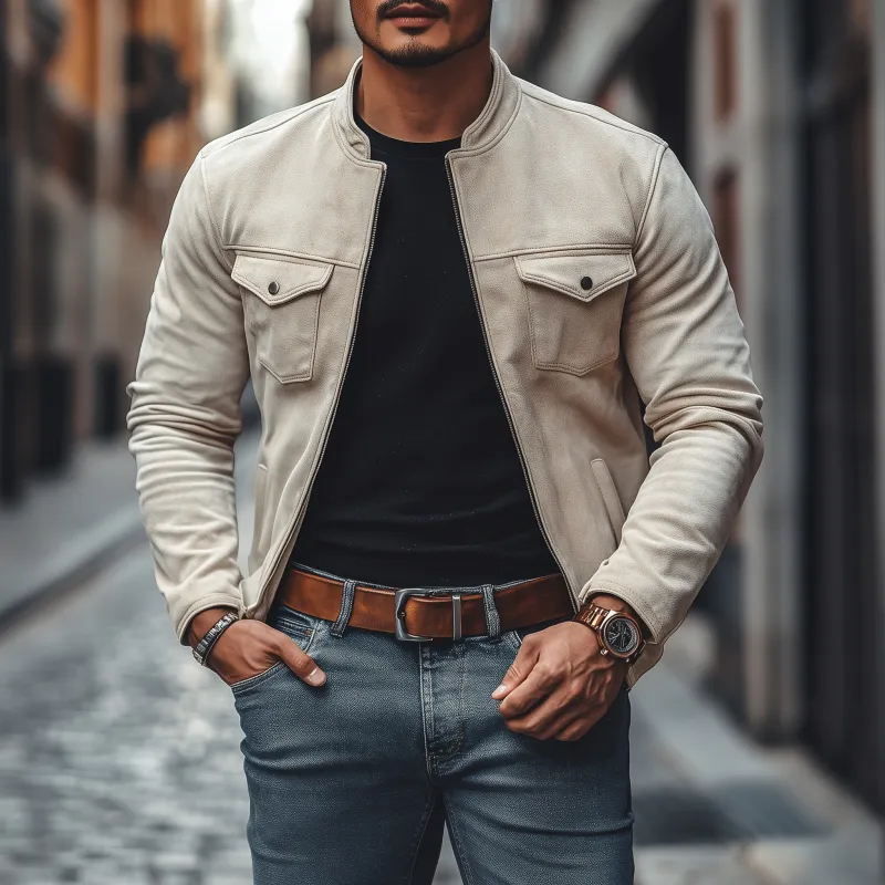 Men's Casual Vintage Solid Color Faux Suede Stand Collar Zipper Slim Short Jacket MTA3046G5M sold by Manly product image thumbnail 2