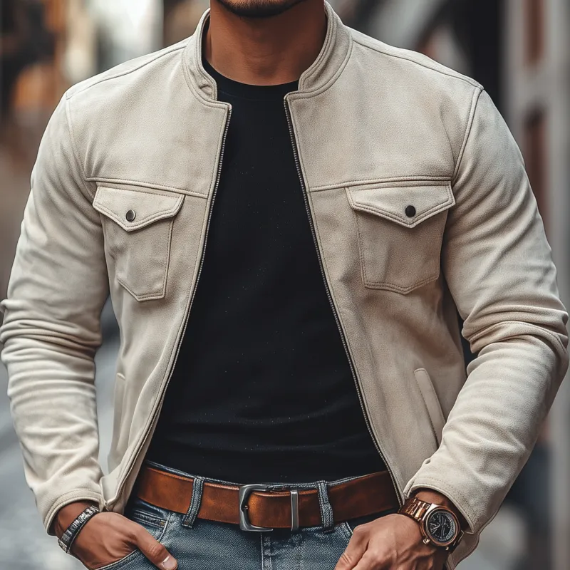 Men's Casual Vintage Solid Color Faux Suede Stand Collar Zipper Slim Short Jacket MTA3046G5M sold by Manly product image thumbnail 3