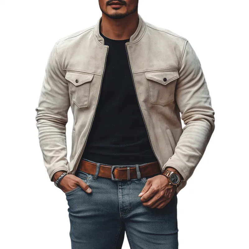 Men's Casual Vintage Solid Color Faux Suede Stand Collar Zipper Slim Short Jacket MTA3046G5M sold by Manly