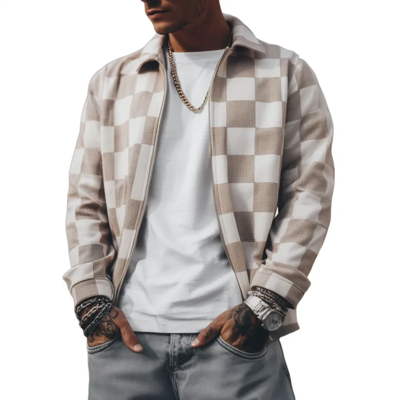 Men's Casual Fashion Contrast Checkerboard Lapel Zipper Placket Loose Jacket MTA3060G7M sold by Manly