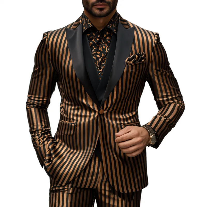 Men's Vintage Fashion Contrast Color Satin Stripe Patchwork Peak Lapel Single-breasted Slim Fit Blazer MTA3087G9M sold by Manly