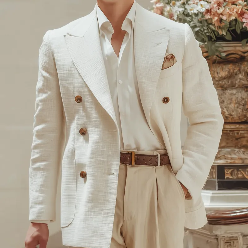 Men's Vintage Elegant Solid Color Cotton Linen Textured Fabric Peak Lapel Double-breasted Slim-fit Blazer MTA2833G4M sold by Manly product image thumbnail 3