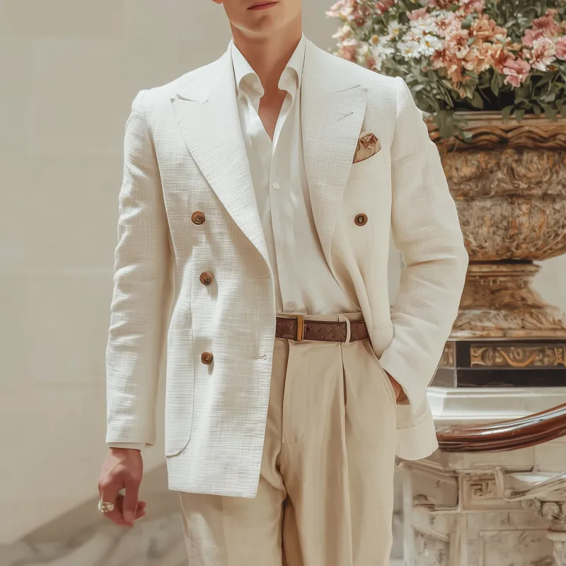 Men's Vintage Elegant Solid Color Cotton Linen Textured Fabric Peak Lapel Double-breasted Slim-fit Blazer MTA2833G4M sold by Manly product image thumbnail 2