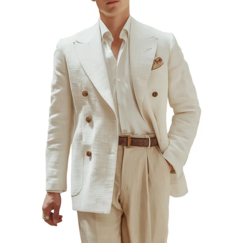 Men's Vintage Elegant Solid Color Cotton Linen Textured Fabric Peak Lapel Double-breasted Slim-fit Blazer MTA2833G4M sold by Manly