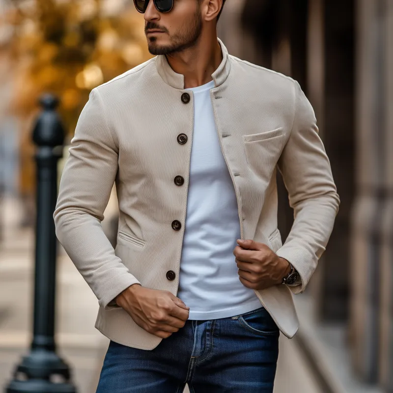 Men's Casual Solid Color Corduroy Stand Collar Single-breasted Slim Short Blazer MTA3075G7M sold by Manly product image thumbnail 2