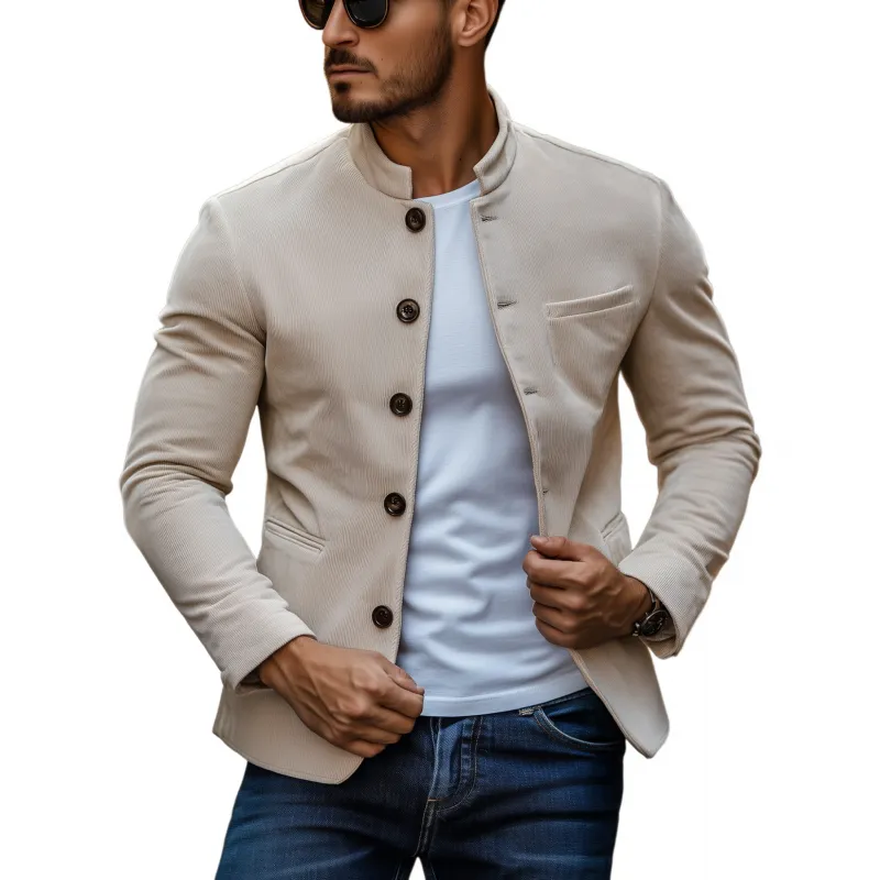 Men's Casual Solid Color Corduroy Stand Collar Single-breasted Slim Short Blazer MTA3075G7M sold by Manly