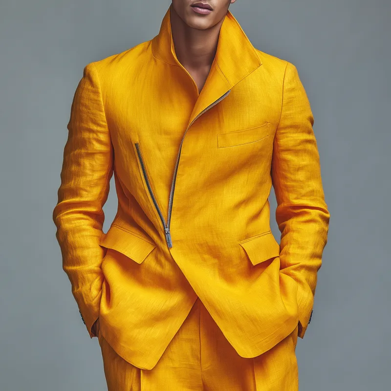 Men's Stylish Solid Color Breathable Linen Stand Collar Zipper Slant Placket Loose Blazer MTA2811G7M sold by Manly product image thumbnail 2