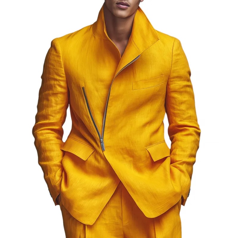 Men's Stylish Solid Color Breathable Linen Stand Collar Zipper Slant Placket Loose Blazer MTA2811G7M sold by Manly