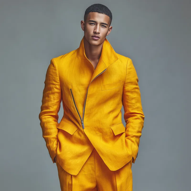 Men's Stylish Solid Color Breathable Linen Stand Collar Zipper Slant Placket Loose Blazer MTA2811G7M sold by Manly product image thumbnail 3