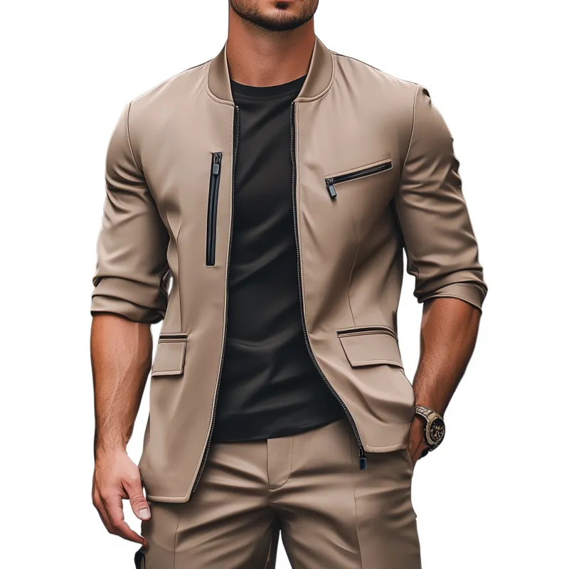 Men's Stylish Solid Color Satin Stand Collar Zipper Placket Multi-Pocket Slim Fit Jacket MTA2874G4M sold by Manly