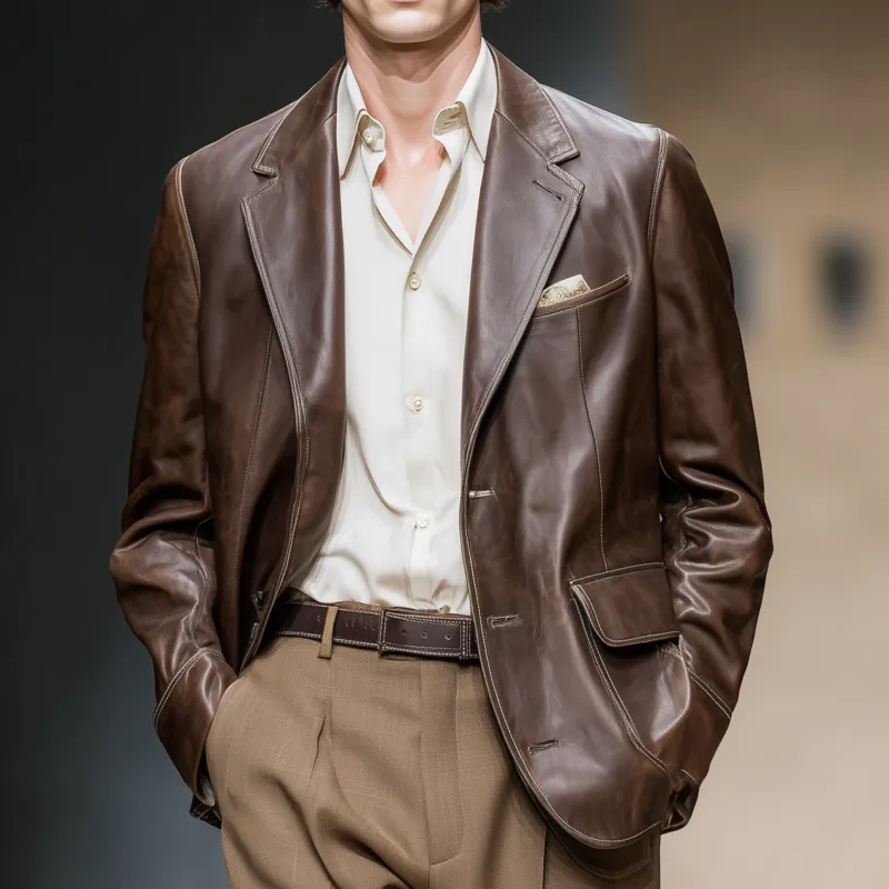 Men's Vintage Faux Leather Notched Lapel Single-Breasted Loose Fit Blazer MTA2986G5M sold by Manly product image thumbnail 2