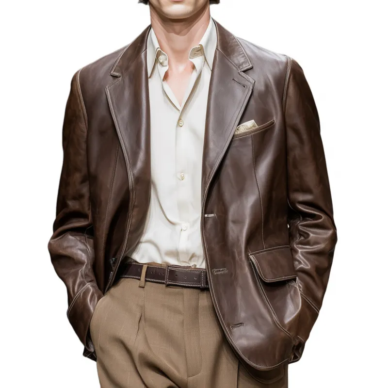 Men's Vintage Faux Leather Notched Lapel Single-Breasted Loose Fit Blazer MTA2986G5M sold by Manly