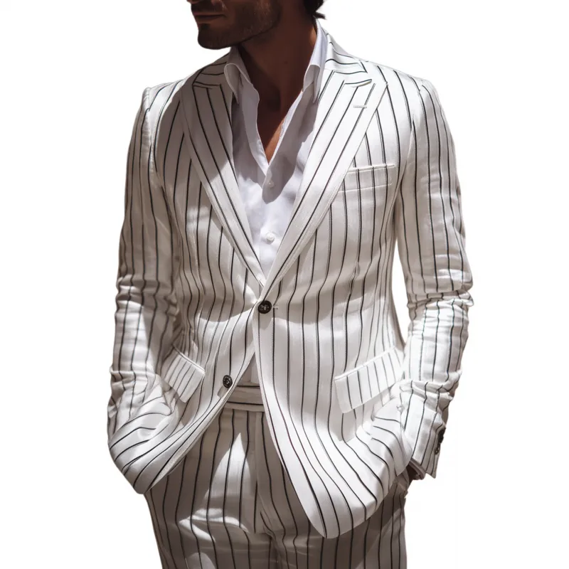 Men's Casual Cotton Linen Blend Striped Peak Lapel Single-breasted Slim-fit Blazer MTA3020G9M sold by Manly