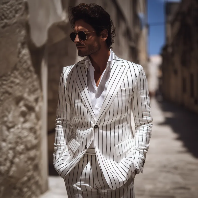 Men's Casual Cotton Linen Blend Striped Peak Lapel Single-breasted Slim-fit Blazer MTA3020G9M sold by Manly product image thumbnail 3