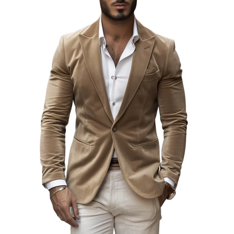 Men's Vintage Elegant Solid Color Corduroy Peak Lapel Single-breasted Slim-fit Blazer MTA3000G4M sold by Manly