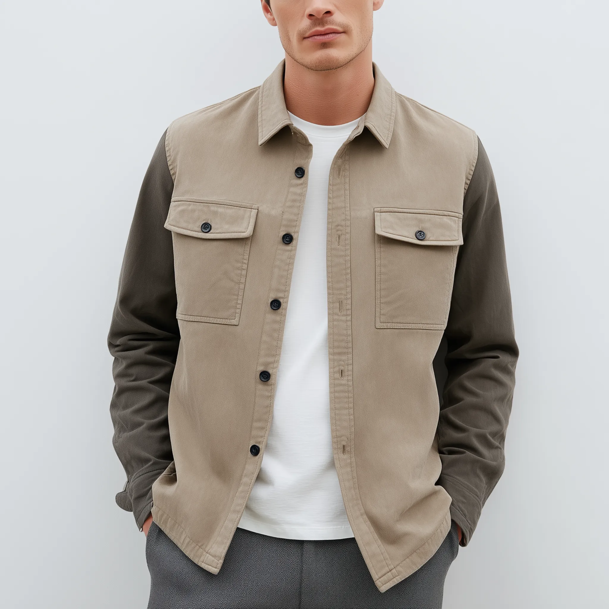 Men's Classic Casual Lapel Contrast Color Stitching Suede Long Sleeve Shirt MTA2970G9K sold by Manly product image thumbnail 2