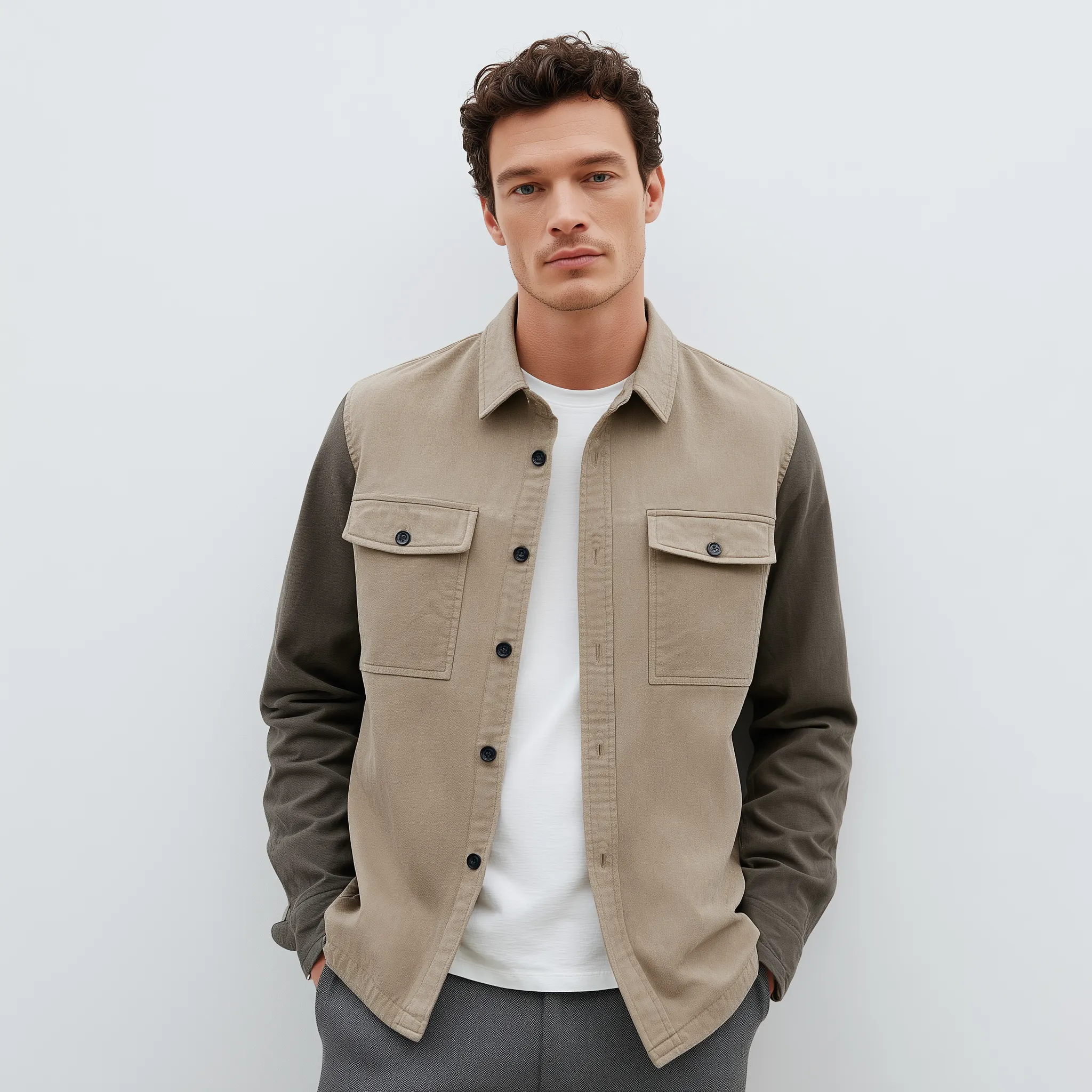 Men's Classic Casual Lapel Contrast Color Stitching Suede Long Sleeve Shirt MTA2970G9K sold by Manly product image thumbnail 3