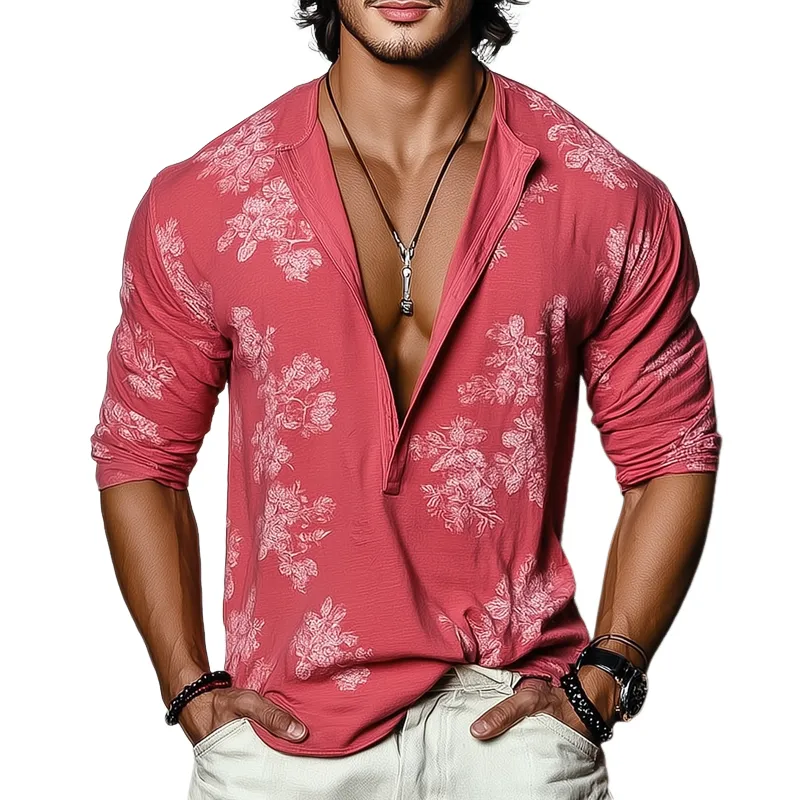 Men's Floral Henley Collar Long Sleeve T-shirt MTA3022G0Z sold by Manly