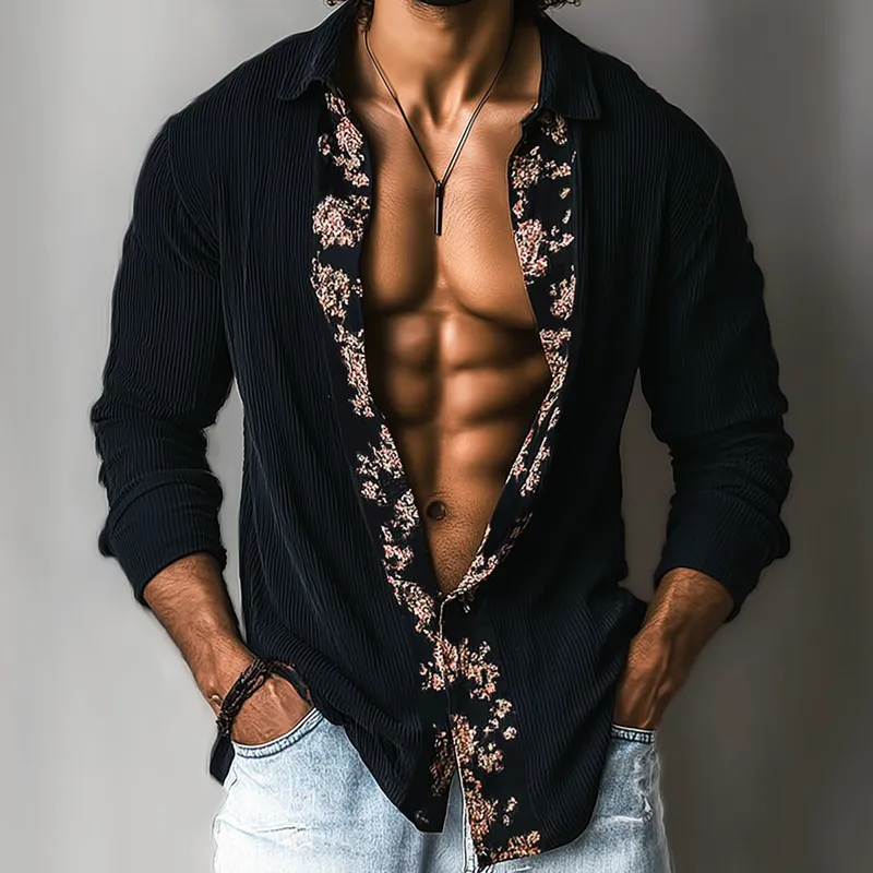 Men's Floral Print Stitching Corduroy Lapel Long Sleeve Shirt MTA3070G6Z sold by Manly product image thumbnail 2